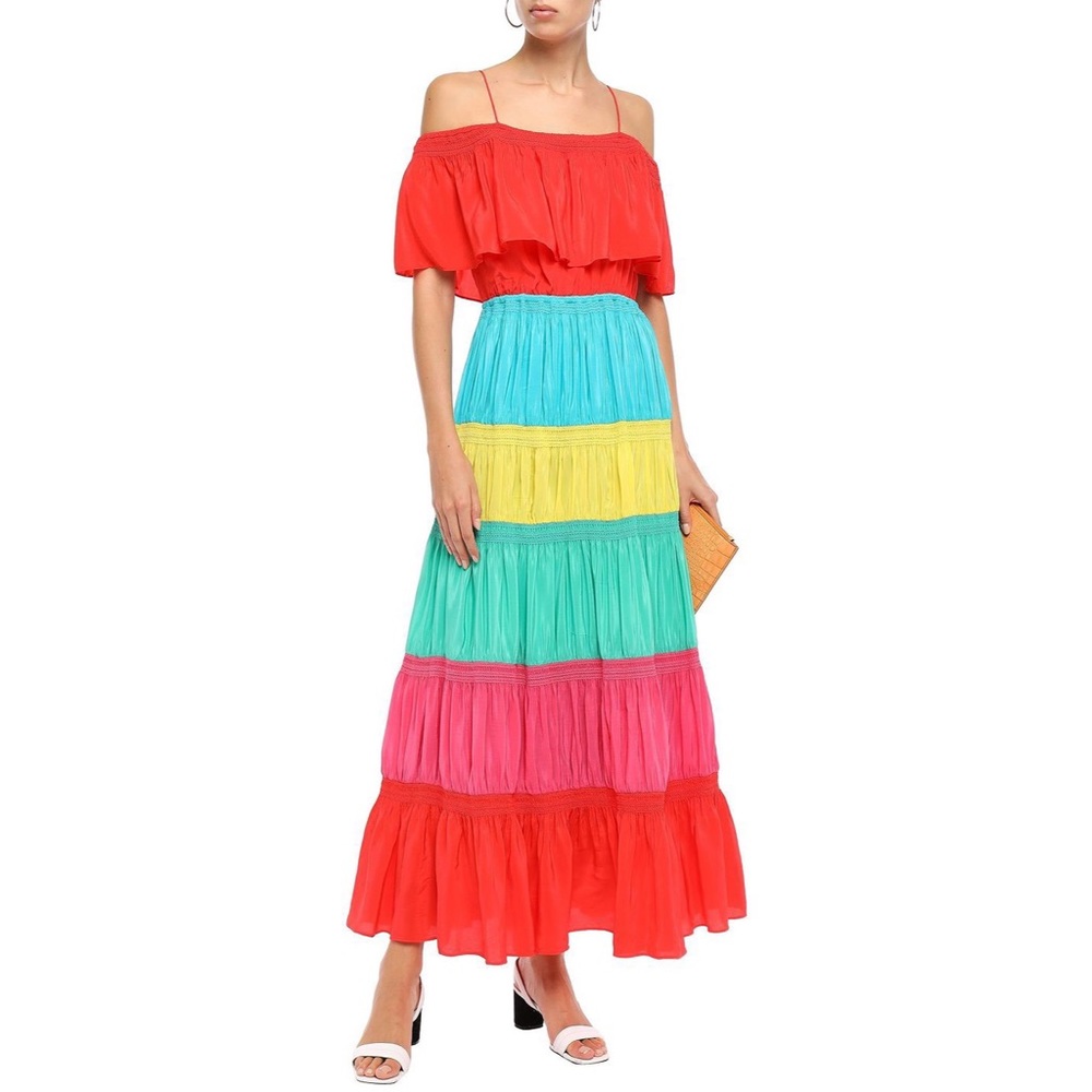 ALICE + OLIVIA off shoulder color block maxi dress